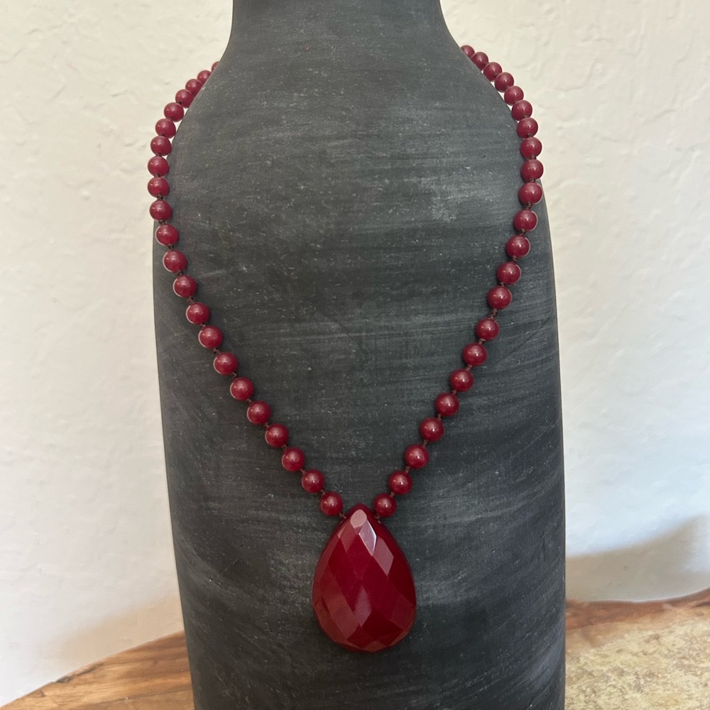 Red Jade Tear Drop Pendant Beaded Necklace 925 - Picture 4 of 9